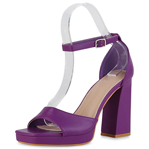 VAN HILL Damen Riemchensandaletten Sandaletten Party Schuhe Blockabsatz Absatzschuhe Freizeit Leder-Optik Riemchenschuhe 210330 Lila 38 von VAN HILL