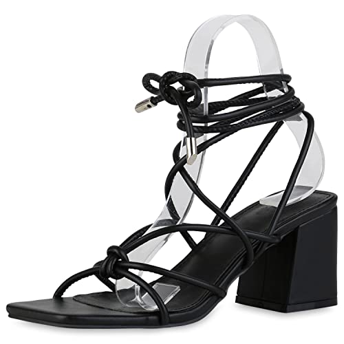 VAN HILL Damen Riemchensandaletten Sandaletten Party Schuhe Freizeit Schnürer Blockabsatz Leder-Optik Freizeitsandaletten 210331 Schwarz 37 von VAN HILL