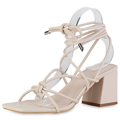 VAN HILL Damen Riemchensandaletten Sandaletten Party Schuhe Freizeit Schnürer Blockabsatz Leder-Optik Freizeitsandaletten 210332 Beige 39 von VAN HILL