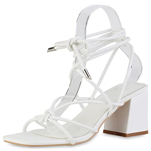 VAN HILL Damen Riemchensandaletten Sandaletten Party Schuhe Freizeit Schnürer Blockabsatz Leder-Optik Freizeitsandaletten 210333 Weiss 40 von VAN HILL