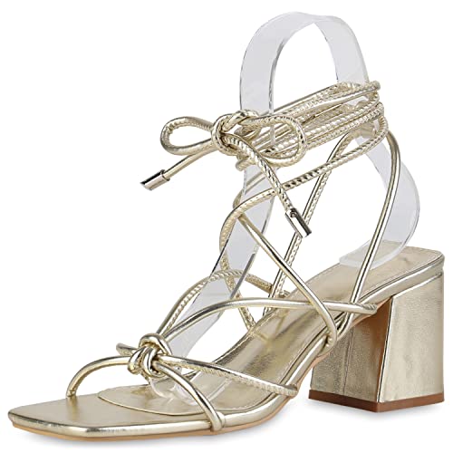 VAN HILL Damen Riemchensandaletten Sandaletten Party Schuhe Freizeit Schnürer Blockabsatz Leder-Optik Freizeitsandaletten 210334 Gold 38 von VAN HILL