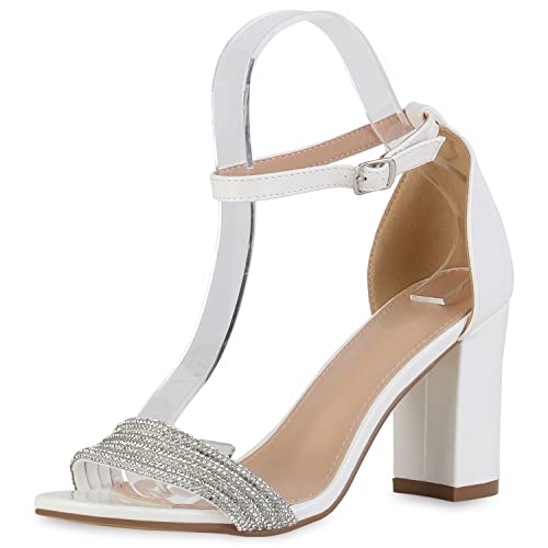 VAN HILL Damen Riemchensandaletten Sandaletten Strass Schuhe Blockabsatz Party Absatzschuhe Elegante Riemchenschuhe 210720 Weiss Lack 40 von VAN HILL