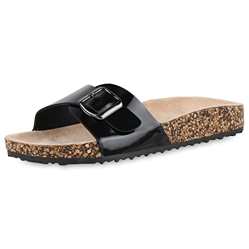 VAN HILL Damen Sandalen Pantoletten Bequeme Hausschuhe Flache Korkoptik Schuhe Freizeit Schlappen Sommer Slippers 206066 Schwarz Lack 36 von VAN HILL