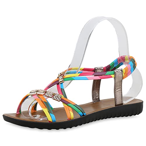 VAN HILL Damen Sandalen Riemchensandalen Flache Profilsohle Freizeit Schuhe Sommersandalen Zierperlen Riemchenschuhe 211014 Blau Rosa Gelb 36 von VAN HILL