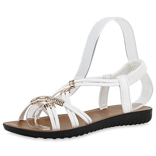 VAN HILL Damen Sandalen Riemchensandalen Flache Profilsohle Freizeit Schuhe Sommersandalen Zierperlen Riemchenschuhe 211015 Weiss 36 von VAN HILL