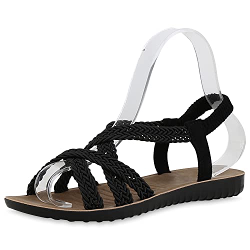 VAN HILL Damen Sandalen Riemchensandalen Flache Schuhe Profilsohle Sommer Riemchenschuhe Freizeit Sommersandalen 211026 Schwarz 38 von VAN HILL