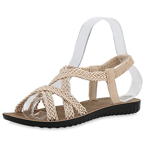 VAN HILL Damen Sandalen Riemchensandalen Flache Schuhe Profilsohle Sommer Riemchenschuhe Freizeit Sommersandalen 211028 Beige 39 von VAN HILL