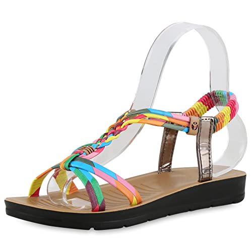 VAN HILL Damen Sandalen Riemchensandalen Flache Zierperlen Schuhe Profilsohle Freizeit Riemchenschuhe Sommersandalen 211040 Rosa Blau Gelb Metallic 37 von VAN HILL