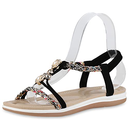 VAN HILL Damen Sandalen Riemchensandalen Schuhe Flache Strass Sommersandalen Zierperlen Prints Freizeitschuhe 211005 Schwarz Muster 39 von VAN HILL