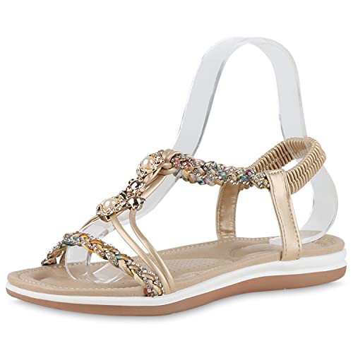 VAN HILL Damen Sandalen Riemchensandalen Schuhe Flache Strass Sommersandalen Zierperlen Prints Freizeitschuhe 211006 Tan Muster 38 von VAN HILL