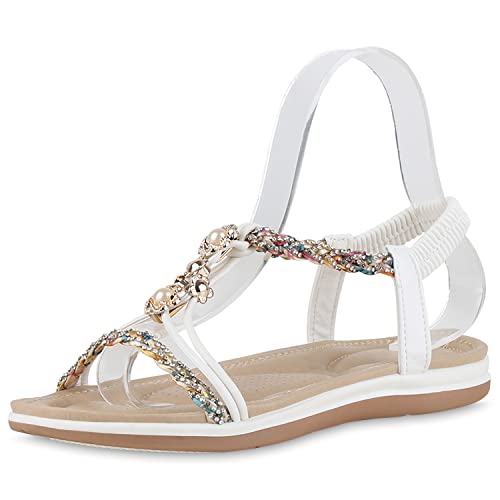 VAN HILL Damen Sandalen Riemchensandalen Schuhe Flache Strass Sommersandalen Zierperlen Prints Freizeitschuhe 211008 Weiss Muster 37 von VAN HILL