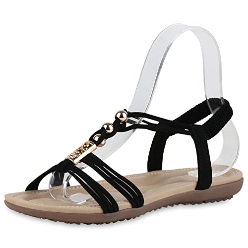 VAN HILL Damen Sandalen Riemchensandalen Strass Schuhe Flache Zierperlen Riemchenschuhe Freizeit Sommersandalen 211063 Schwarz 38 von VAN HILL