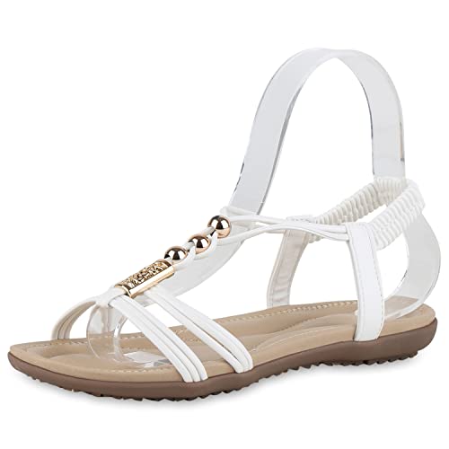 VAN HILL Damen Sandalen Riemchensandalen Strass Schuhe Flache Zierperlen Riemchenschuhe Freizeit Sommersandalen 211064 Weiss 39 von VAN HILL