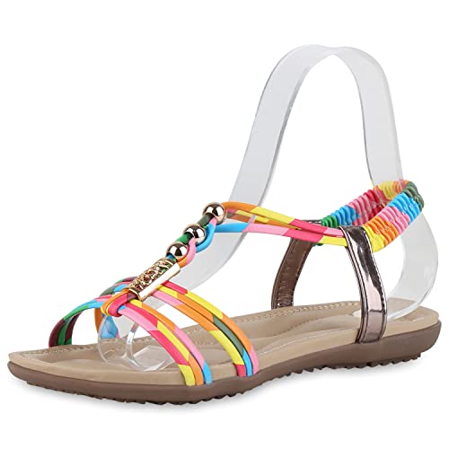 VAN HILL Damen Sandalen Riemchensandalen Strass Schuhe Flache Zierperlen Riemchenschuhe Freizeit Sommersandalen 211066 Rosa Blau Gelb Metallic 36 von VAN HILL