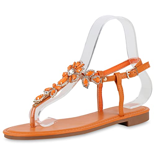 VAN HILL Damen Sandalen Zehentrenner Schuhe Flache Strass Zehenstegsandalen Blumen Sommersandalen Zehenspreizer 212416 Orange 37 von VAN HILL