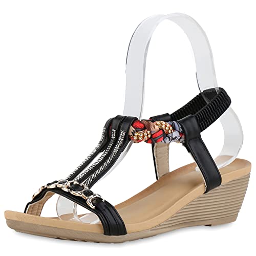 VAN HILL Damen Sandaletten Keilsandaletten Keilabsatz Schuhe Strass Sommersandaletten Prints Wedges Freizeit Sommersandaletten 211058 Schwarz Muster 37 von VAN HILL