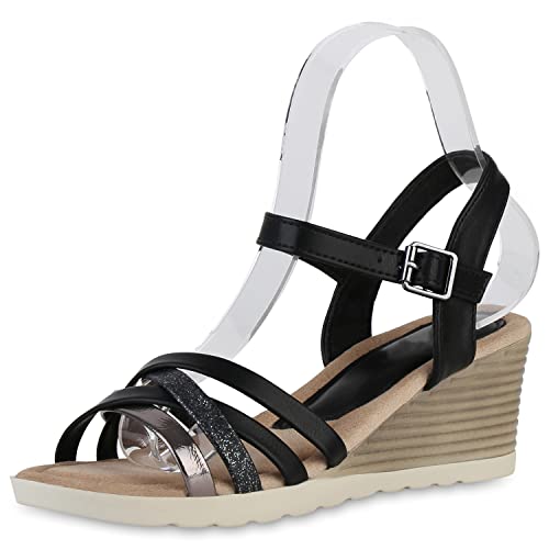 VAN HILL Damen Sandaletten Keilsandaletten Metallic Schuhe Keilabsatz Sommersandaletten Glitzer Wedges Freizeitschuhe 212109 Schwarz Silber Metallic 37 von VAN HILL