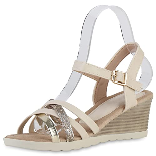 VAN HILL Damen Sandaletten Keilsandaletten Metallic Schuhe Keilabsatz Sommersandaletten Glitzer Wedges Freizeitschuhe 212110 Creme Gold Metallic Snake 36 von VAN HILL