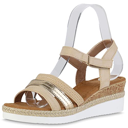 VAN HILL Damen Sandaletten Keilsandaletten Schuhe Metallic Keilabsatz Sommersandaletten Profilsohle Bast Freizeit Wedges 211948 Beige Gold Metallic 38 von VAN HILL