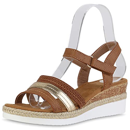 VAN HILL Damen Sandaletten Keilsandaletten Schuhe Metallic Keilabsatz Sommersandaletten Profilsohle Bast Freizeit Wedges 211949 Hellbraun Gold Metallic 36 von VAN HILL