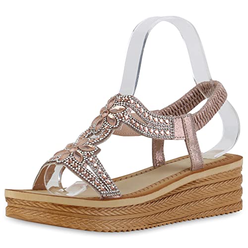 VAN HILL Damen Sandaletten Keilsandaletten Strass Schuhe Keilabsatz Cut-Outs Wedges Freizeit Gummizug Sommersandaletten 211795 Rose Gold 37 von VAN HILL