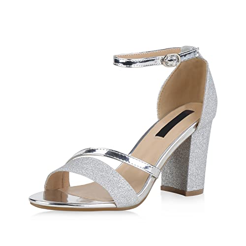 VAN HILL Damen Sandaletten Lack Riemchensandaletten Glitzer Metallic Schuhe Elegante High Heels Party Abendschuhe 155134 Silber Elegant 38 von VAN HILL