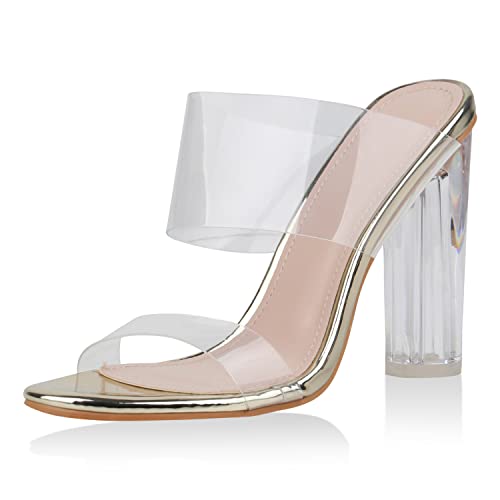 VAN HILL Damen Sandaletten Pantoletten Transparente High Heels Party Mules Blockabsatz Schuhe Lack Absatzschuhe Sommer Abendschuhe 189787 Gold 37 von VAN HILL