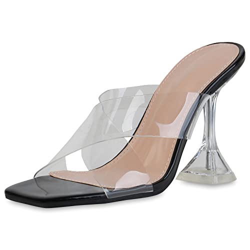 VAN HILL Damen Sandaletten Pantoletten Transparente Lack Schuhe Stiletto Abendschuhe Elegante Absatzschuhe Freizeitsandaletten 204914 Schwarz Lack 38 von VAN HILL