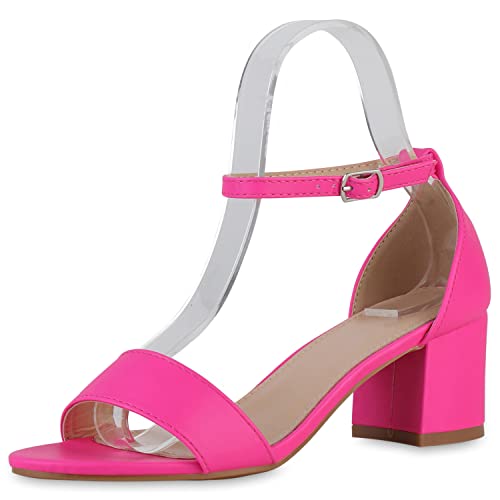 VAN HILL Damen Sandaletten Riemchensandaletten Blockabsatz Schuhe Klassische Basic Freizeitsandaletten Sommerschuhe 211755 Neon Pink 36 von VAN HILL