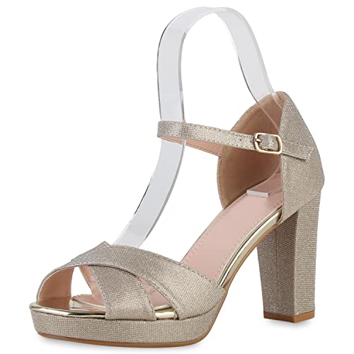 VAN HILL Damen Sandaletten Riemchensandaletten Glitzer Schuhe Blockabsatz Party Lack Absatzschuhe Elegante Abendschuhe 210423 Gold Lack 40 von VAN HILL