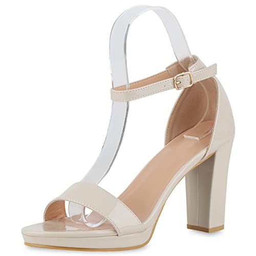 VAN HILL Damen Sandaletten Riemchensandaletten Lack Schuhe Blockabsatz Party Plateau Vorne Absatzschuhe Freizeit Sommersandaletten 212340 Beige Lack 38 von VAN HILL