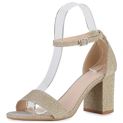 VAN HILL Damen Sandaletten Riemchensandaletten Party Blockabsatz Schuhe Glitzer Riemchenschuhe Elegante Abendschuhe 210433 Gold 38 von VAN HILL