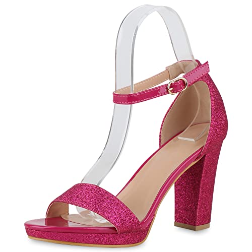 VAN HILL Damen Sandaletten Riemchensandaletten Party Blockabsatz Schuhe Glitzer Riemchenschuhe Elegante Absatzschuhe 212330 Fuchsia Lack 38 von VAN HILL