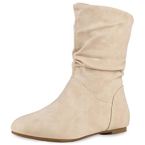 VAN HILL Damen Schlupfstiefel Leder-Optik Stiefeletten Bequeme Schuhe 150476 Creme 39 von VAN HILL