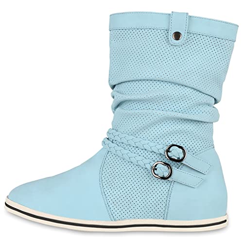 VAN HILL Damen Schlupfstiefel Sportliche Stiefel Leder-Optik Boots Geflochtene Schnalle Zierknöpfe Bequeme Schlupfschuhe 151766 Türkis 39 von VAN HILL