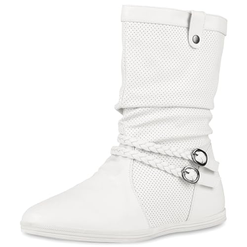VAN HILL Damen Schlupfstiefel Sportliche Stiefel Leder-Optik Boots Geflochtene Schnalle Zierknöpfe Bequeme Schlupfschuhe 151769 Weiss 38 von VAN HILL