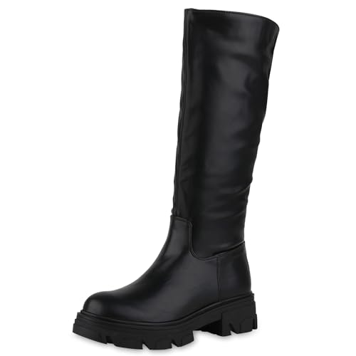 VAN HILL Damen Schlupfstiefel Stiefel Blockabsatz Schuhe Plateau Vorne Schlupfschuhe Leder-Optik Profilsohle Boots 201669 Schwarz Basic 36 von VAN HILL