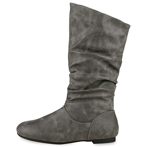 VAN HILL Damen Schlupfstiefel Warm Gefütterte Stiefel Basic Wildleder-Optik Schuhe Flache Slouch Boots 610616 Grau 37 von VAN HILL