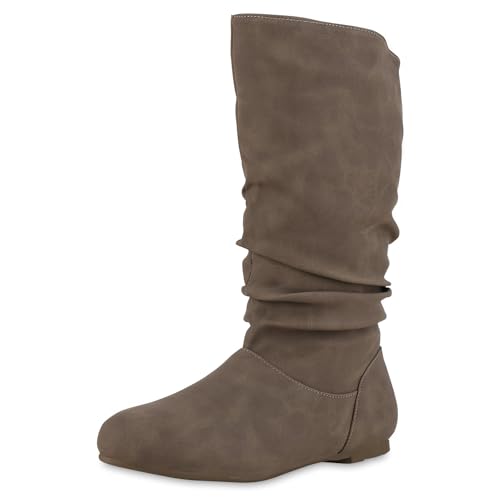 VAN HILL Damen Schlupfstiefel Warm Gefütterte Stiefel Basic Wildleder-Optik Schuhe Flache Slouch Boots 610617 Khaki 39 von VAN HILL