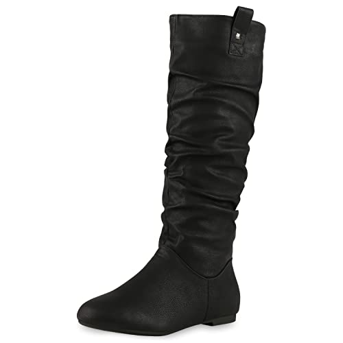 VAN HILL Damen Schlupfstiefel Warm Gefütterte Stiefel Nieten Wildleder-Optik Schuhe Flache Slouch Boots 610607 Schwarz 38 von VAN HILL