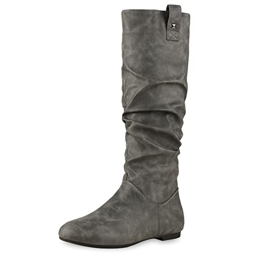 VAN HILL Damen Schlupfstiefel Warm Gefütterte Stiefel Nieten Wildleder-Optik Schuhe Flache Slouch Boots 610608 Grau 37 von VAN HILL