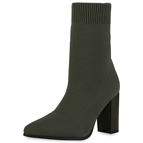 VAN HILL Damen Schlupfstiefeletten Stiefeletten Blockabsatz Schuhe Strick Boots Stiefel Spitze Absatzschuhe Booties Stoffschuhe 208786 Olivgrün 41 von VAN HILL