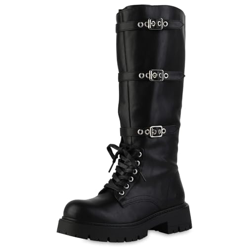 VAN HILL Damen Schnürstiefel Blockabsatz Schnallen Trendy Schuhe 217682 Schwarz 39 von VAN HILL