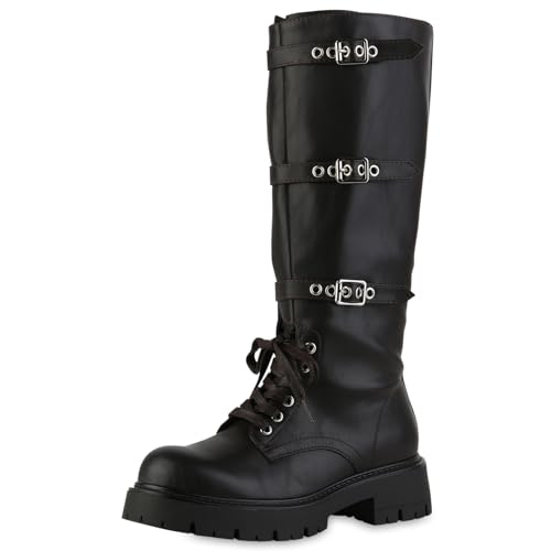 VAN HILL Damen Schnürstiefel Blockabsatz Schnallen Trendy Schuhe 217683 Braun 41 von VAN HILL