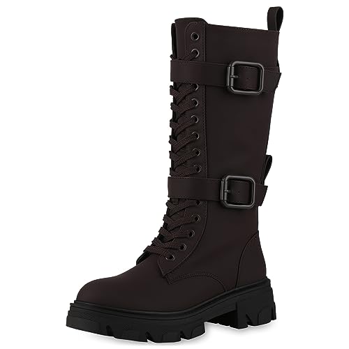 VAN HILL Damen Schnürstiefel Blockabsatz Schnallen Trendy Schuhe 840530 213068 Dunkelbraun 38 von VAN HILL