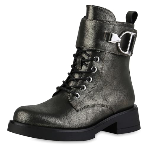 VAN HILL Damen Schnürstiefeletten Blockabsatz Basic Trendy Schuhe 216378 Grün Metallic 39 von VAN HILL