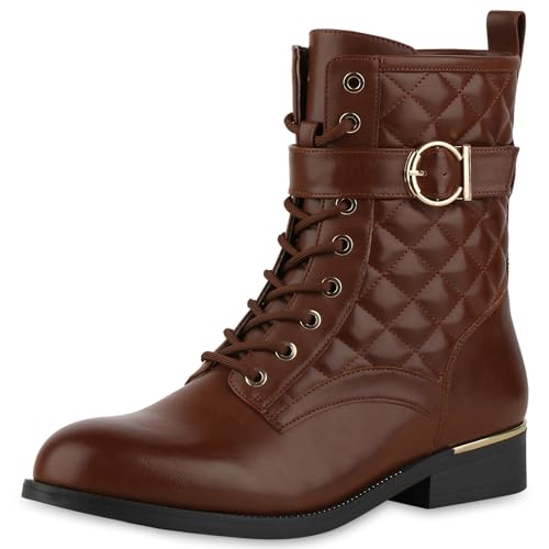 VAN HILL Damen Schnürstiefeletten Blockabsatz Gesteppt Trendy Schuhe 213968 Hellbraun 42 von VAN HILL