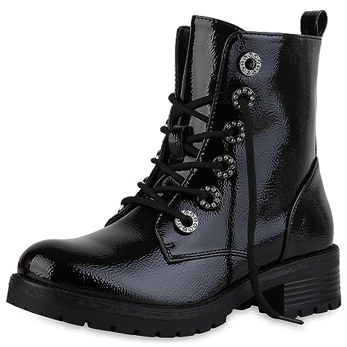 VAN HILL Damen Schnürstiefeletten Blockabsatz Lack Trendy Schuhe 840598 213310 Schwarz Lack 37 von VAN HILL