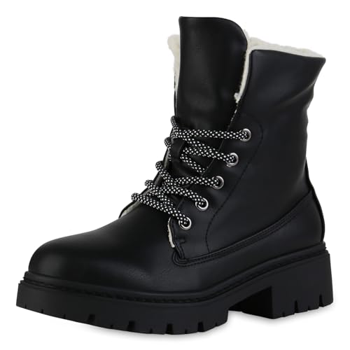 VAN HILL Damen Schnürstiefeletten Blockabsatz Profilsohle Trendy Schuhe 216446 Schwarz 41 von VAN HILL