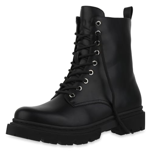 VAN HILL Damen Schnürstiefeletten Blockabsatz Profilsohle Trendy Schuhe 217840 Schwarz 45 von VAN HILL